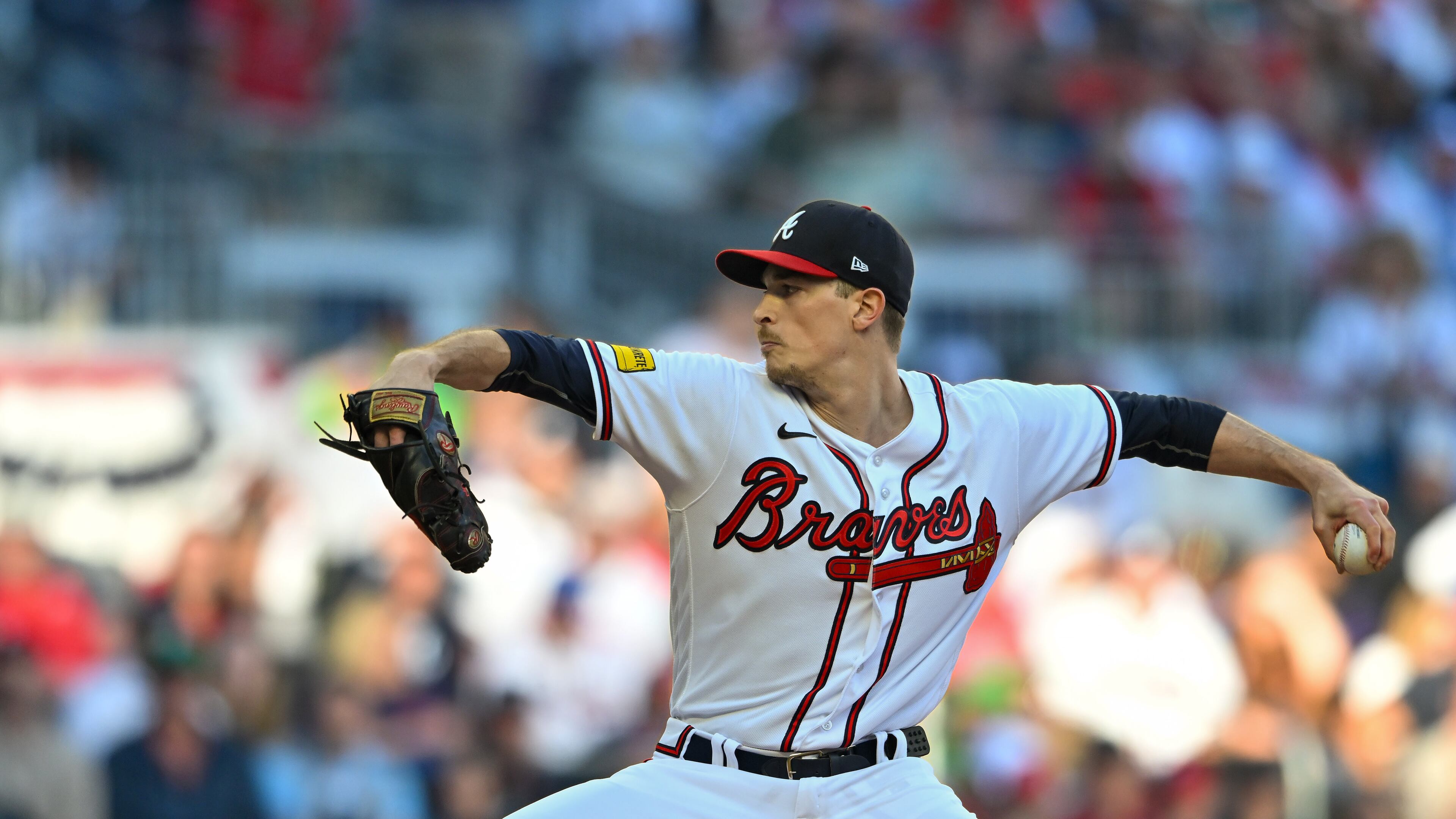 Atlanta Braves starting pitcher Max Fried (54) delivers to the Philadelphia Phillies during the first inning of NLDS Game 2 in Atlanta on Monday, Oct. 9, 2023. (Hyosub Shin / Hyosub.Shin@ajc.com)