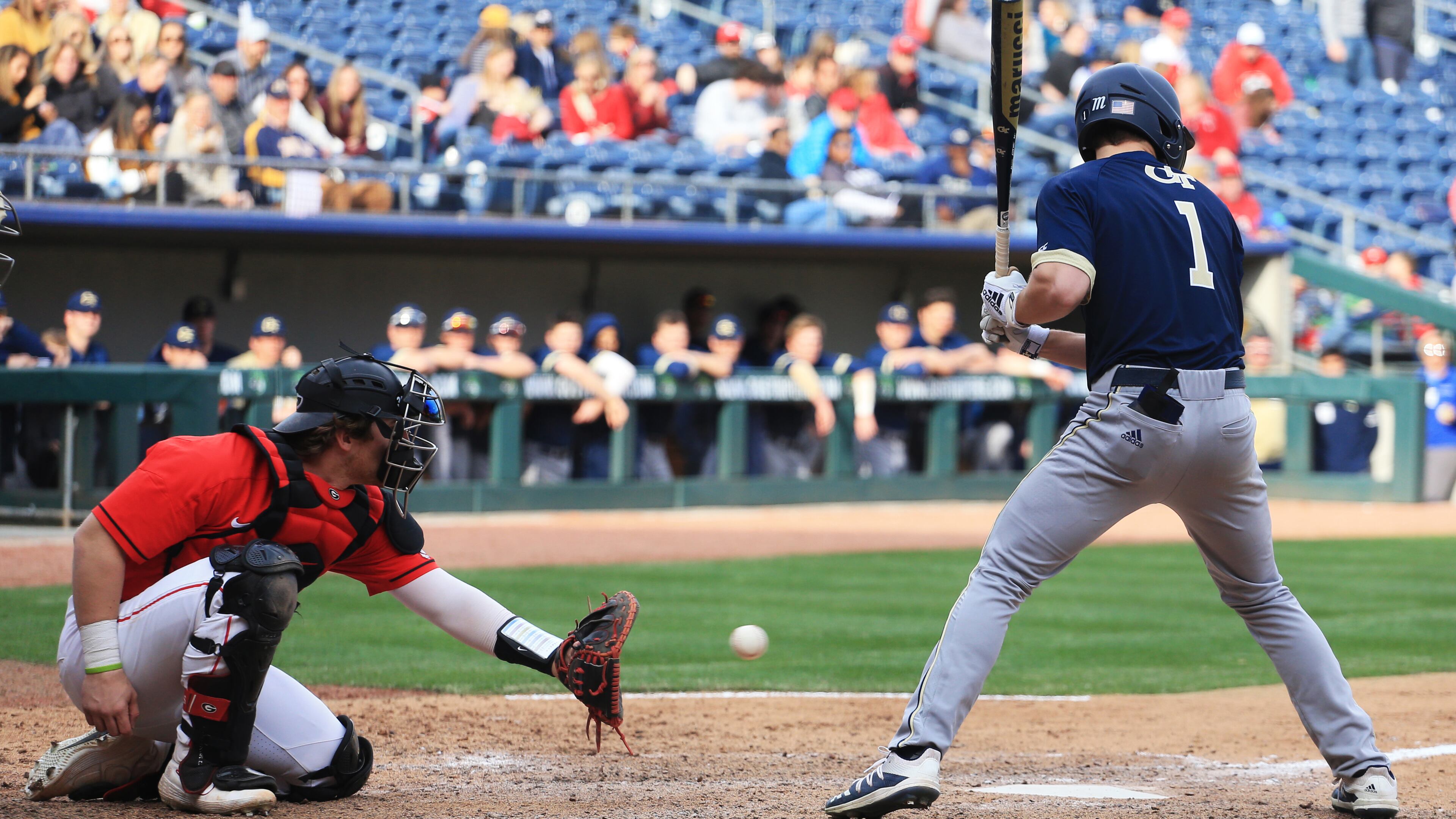 Georgia Tech outfielder Tres Gonzales takes a strike Sunday, March 1, 2020, during the 9-3 loss to Georgia at Coolray Field in Lawrenceville.