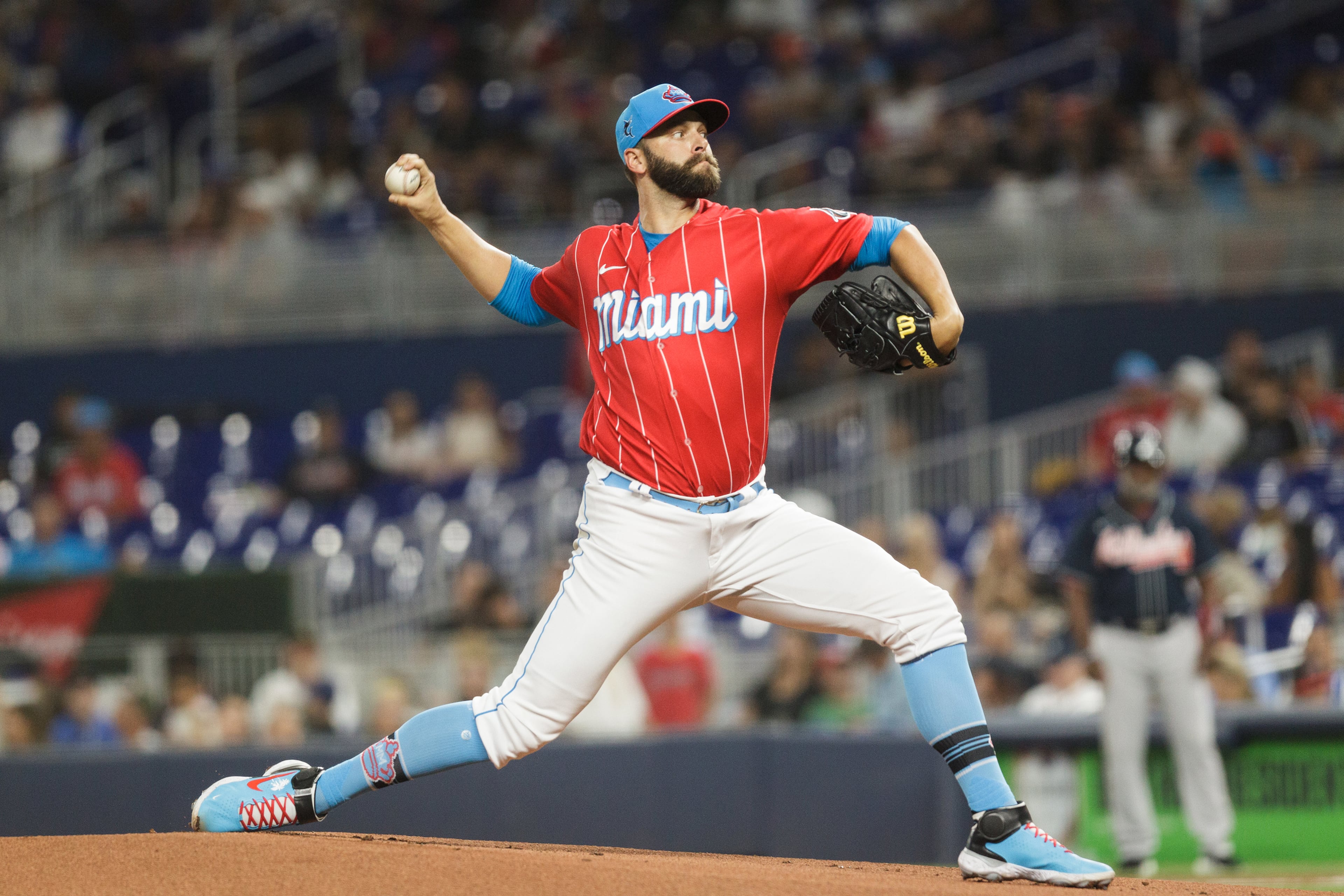 Tommy Nance of the Miami Marlins pitches during the first inning against the Atlanta Braves in the second game of a doubleheader at loanDepot park on Saturday, Aug. 13, 2022, in Miami. (Bryan Cereijo/Getty Images/TNS)