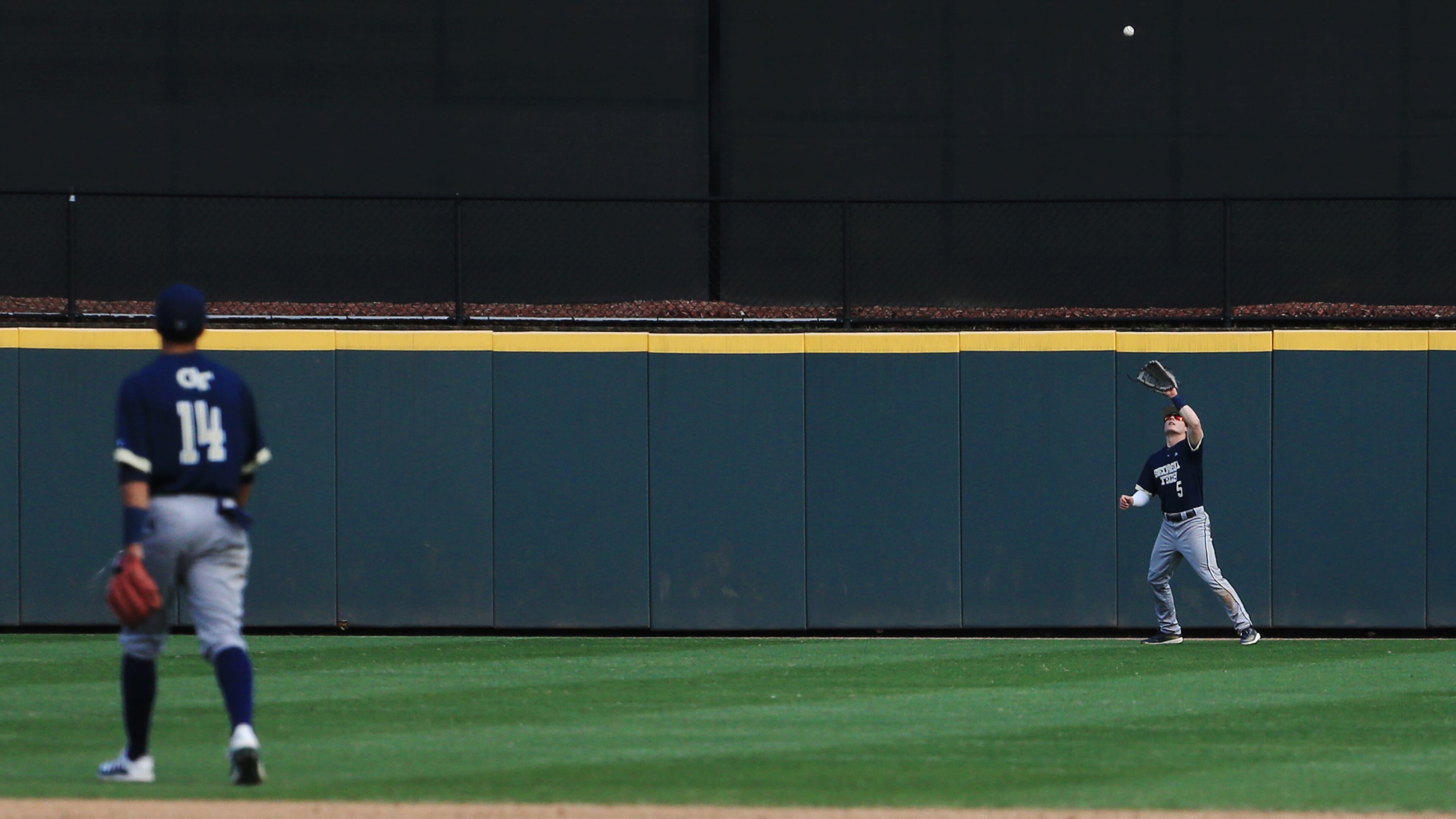 Georgia Tech outfielder Colin Hall gets under a fly ball Sunday, March 1, 2020, at Coolray Field in Lawrenceville, Georgia. The Bulldogs defeated the Yellow Jackets 9-3.