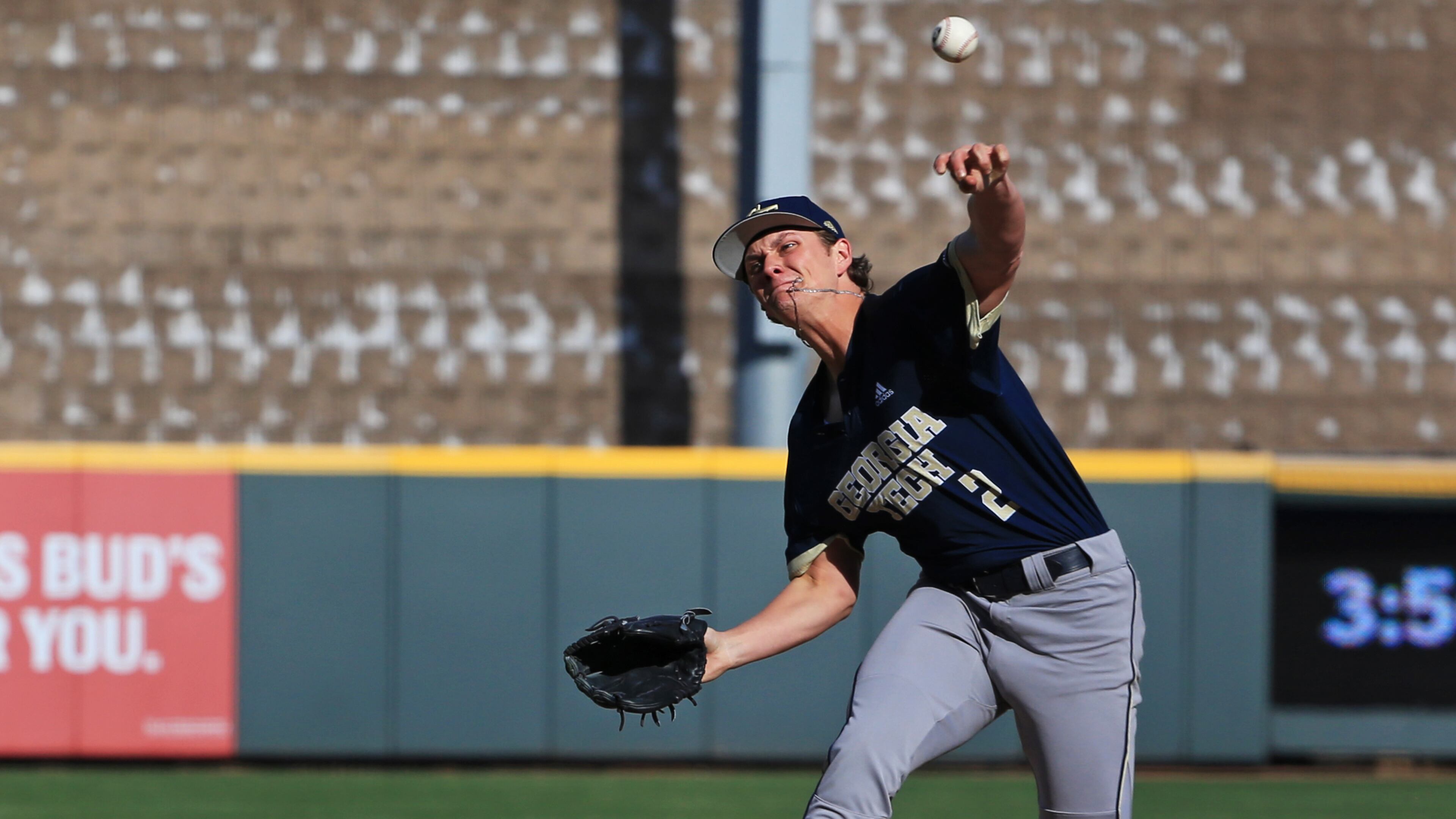 Georgia Tech pitcher Dalton Smith delivers against the Georgia Bulldogs Sunday, March 1, 2020, at Coolray Field in Lawrenceville. Georgia won 9-3.