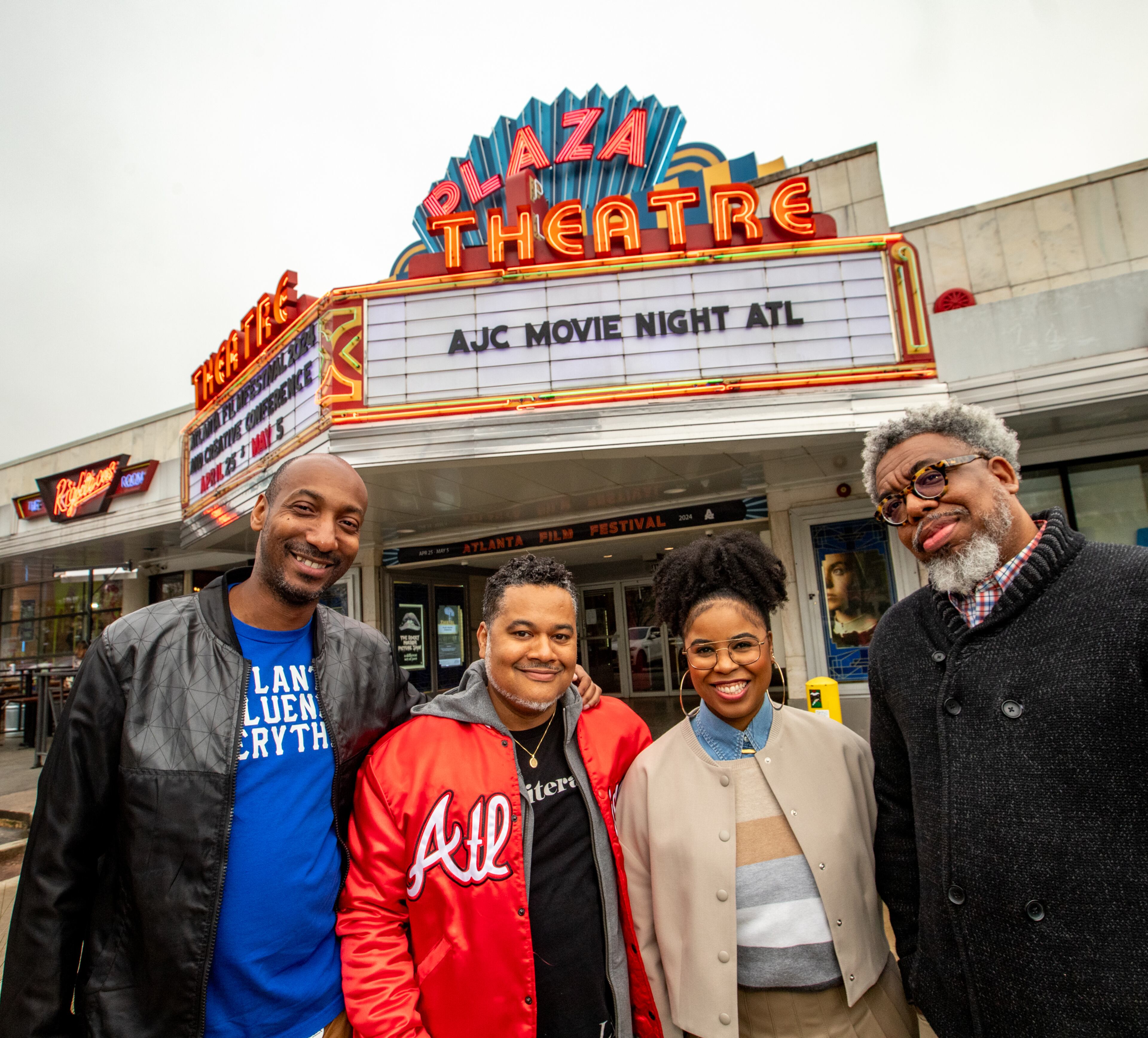 The Plaza Theater hosts the Atlanta Journal-Constitution’s first Black Culture Movie Night on Tuesday, March 26, 2024 showing the 2006 coming-of-age film ATL and a panel with the film’s Producer Dallas Austin and the AJC’s UATL Editor Mike Jordan after the movie. The AJC’s UATL team, including Christopher Daniel, from left, Mike Jordan, Najja Parker and Ernie Suggs, attend the movie night, which will happen quarterly. (Jenni Girtman for The Atlanta Journal-Constitution)