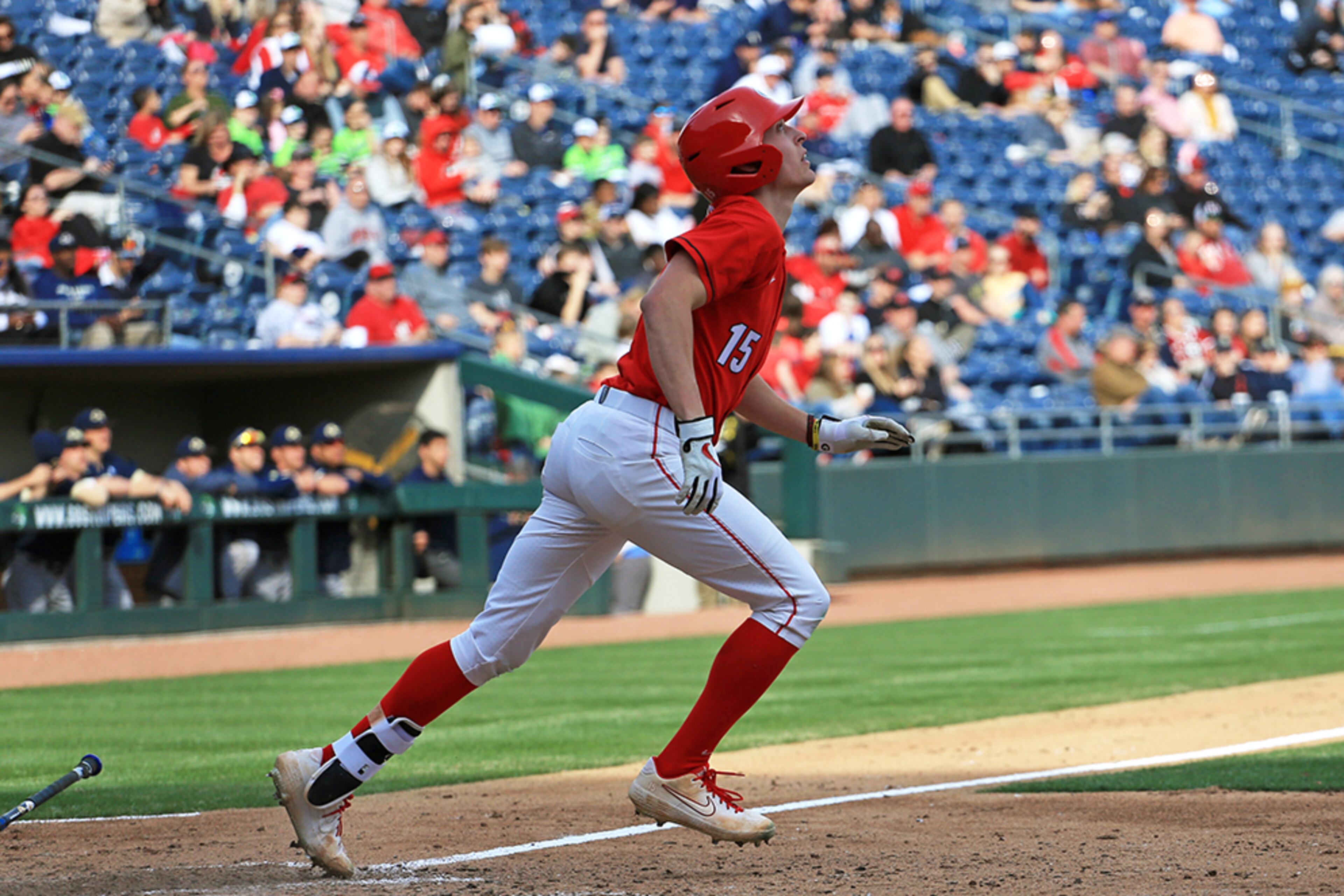 Georgia's Cole Tate follows his hit Sunday, March 1, 2020, at Coolray Field in Lawrenceville. The Bulldogs defeated the Yellow Jackets 9-3.