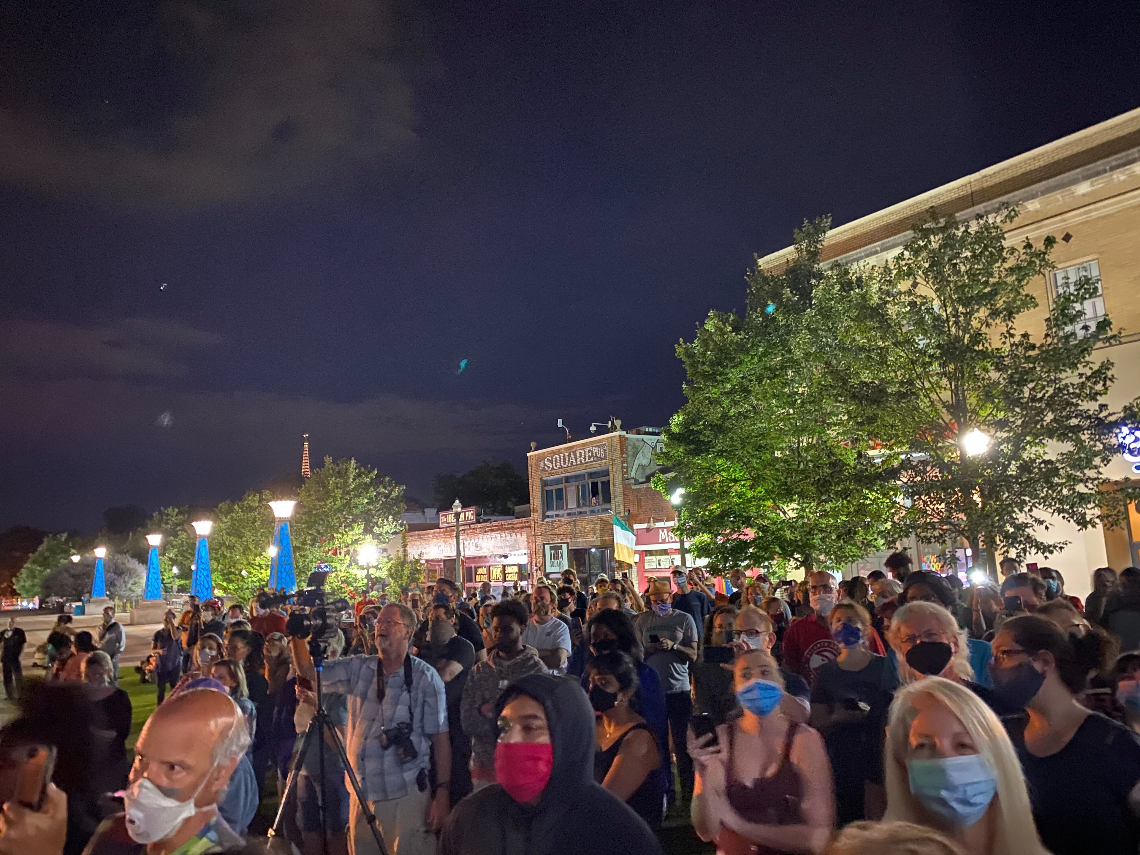 A 30-foot obelisk Confederate moment, which has stood for 112 years, was taken down in the downtown Decatur square late Thursday night. The monument was erected in 1908 by the United Daughters of the Confederacy. Photos by Amanda Coyne / AJC