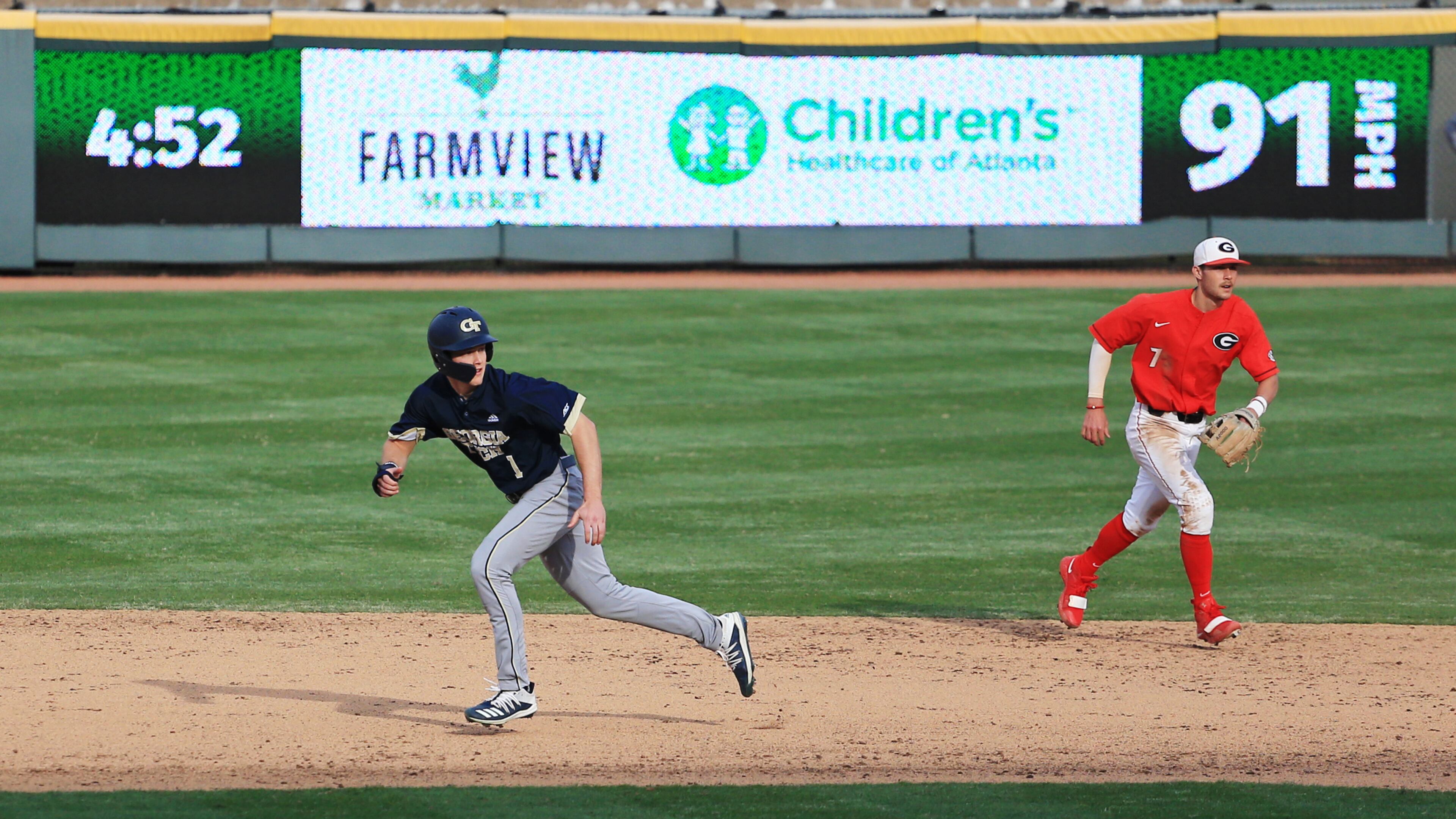 Tech outfielder Tres Gonzales leads off second base Sunday, March 1, 2020, at Coolray Field in Lawrenceville.