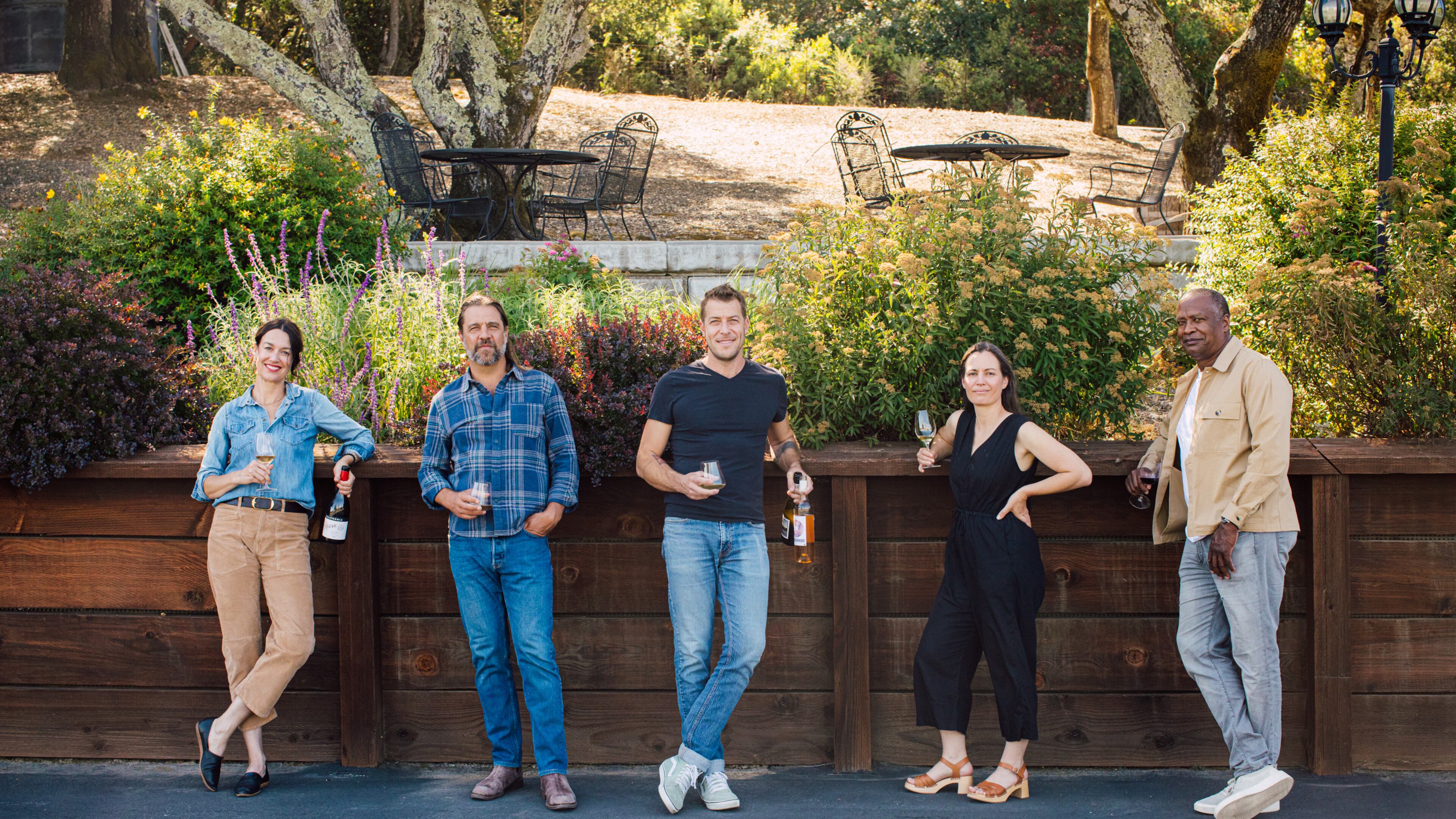The five California winemakers who merged their six labels into the Overshine Collective, from left: Kelly Dorrance, Noah Dorrance, Sam Bilbro, Martha Stoumen and David Drummond, at Overshine Winery in Healdsburg, Calif., July 9, 2026. The goal of the small winemakers is to share resources and expertise, collaborate on administrative chores and benefit from economies of scale while maintaining individual integrity and operative control. (Bryan Meltz/The New York Times)