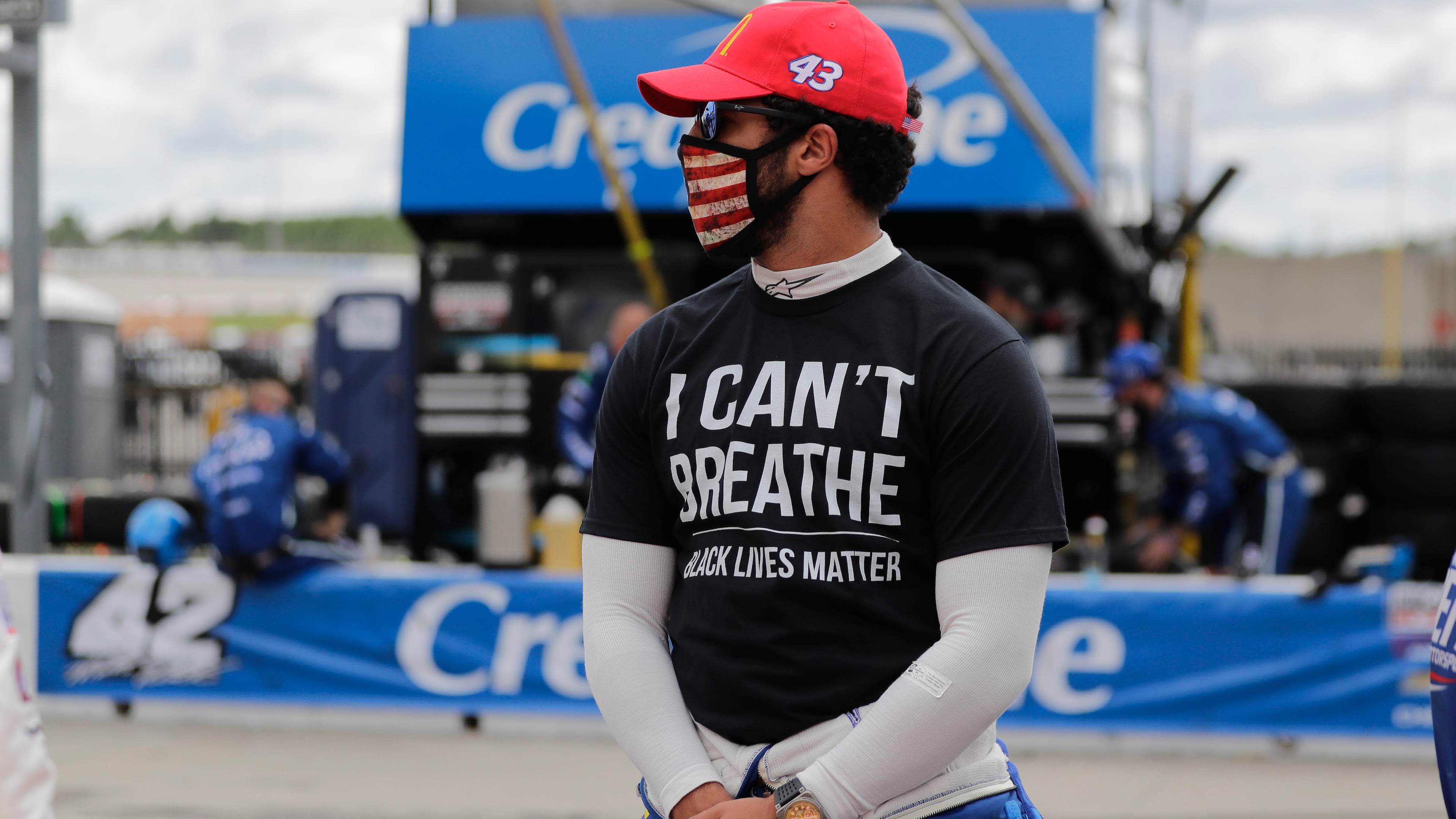 Driver Bubba Wallace wears a "I Can't Breath, Black Lives Matter" shirt before NASCAR race Sunday, June 7, 2020,at Atlanta Motor Speedway in Hampton, Ga. Wallace, the only full-time black driver in any of NASCAR’s top three series, encouraged his peers to speak up about racial injustice.