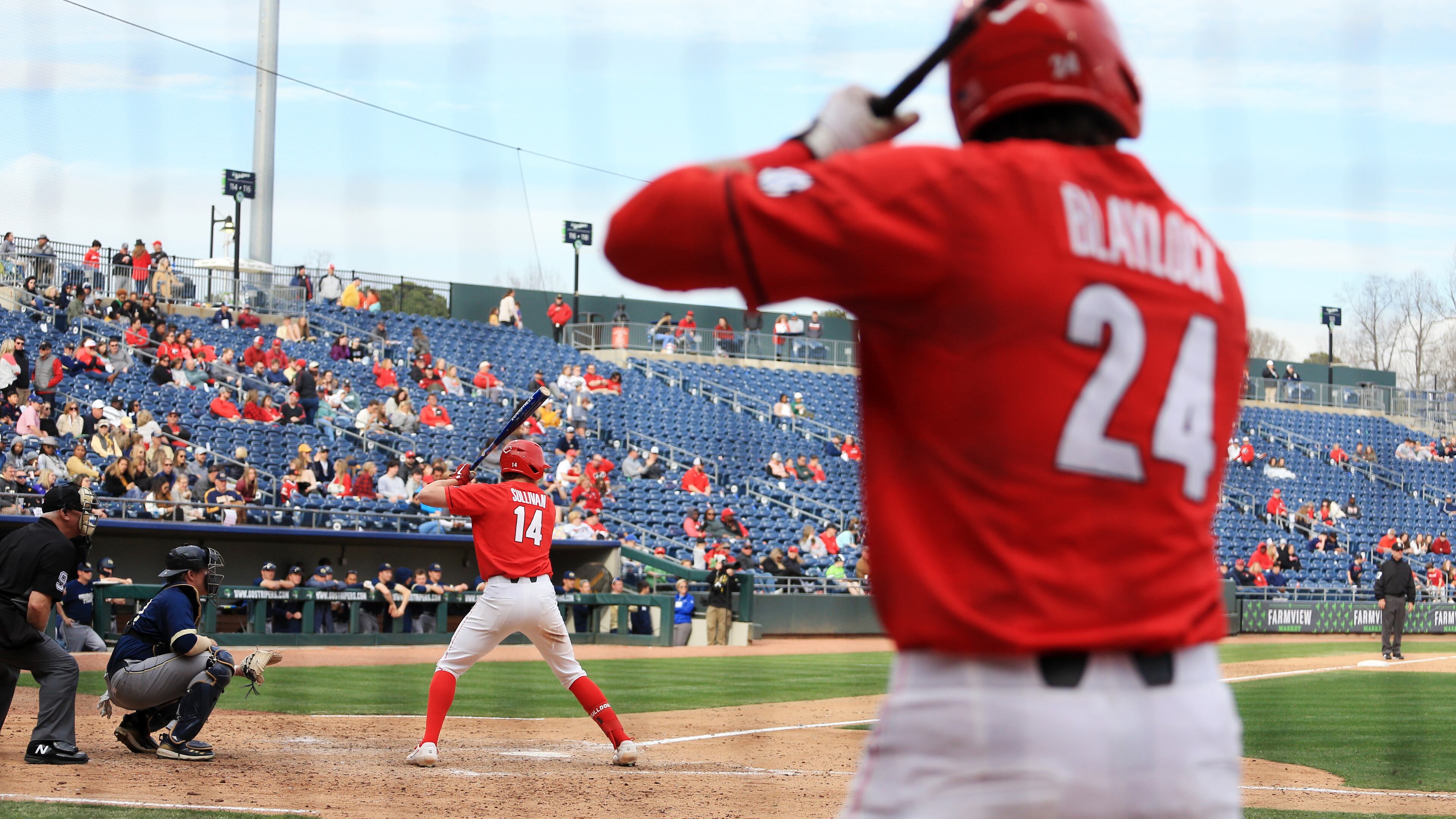Georgia's Garrett Blaylock waits on deck as teammate Patrick Sullivan takes a pitch during their 9-3 win over Georgia Tech Sunday, March 1, 2020, at Coolray Field in Lawrenceville.